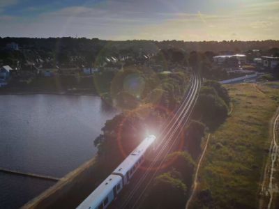 A train driving through the countryside